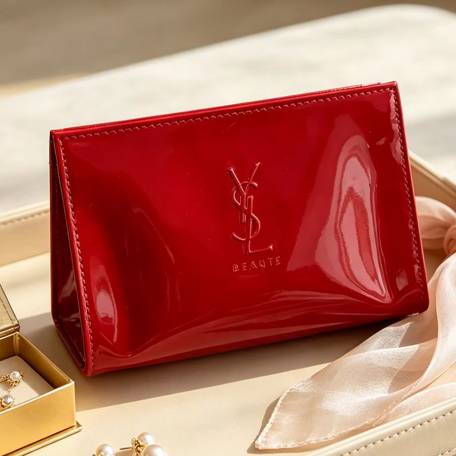 Ysl Beauty Makeup Bag - Sac cosmétique en cuir verni rouge