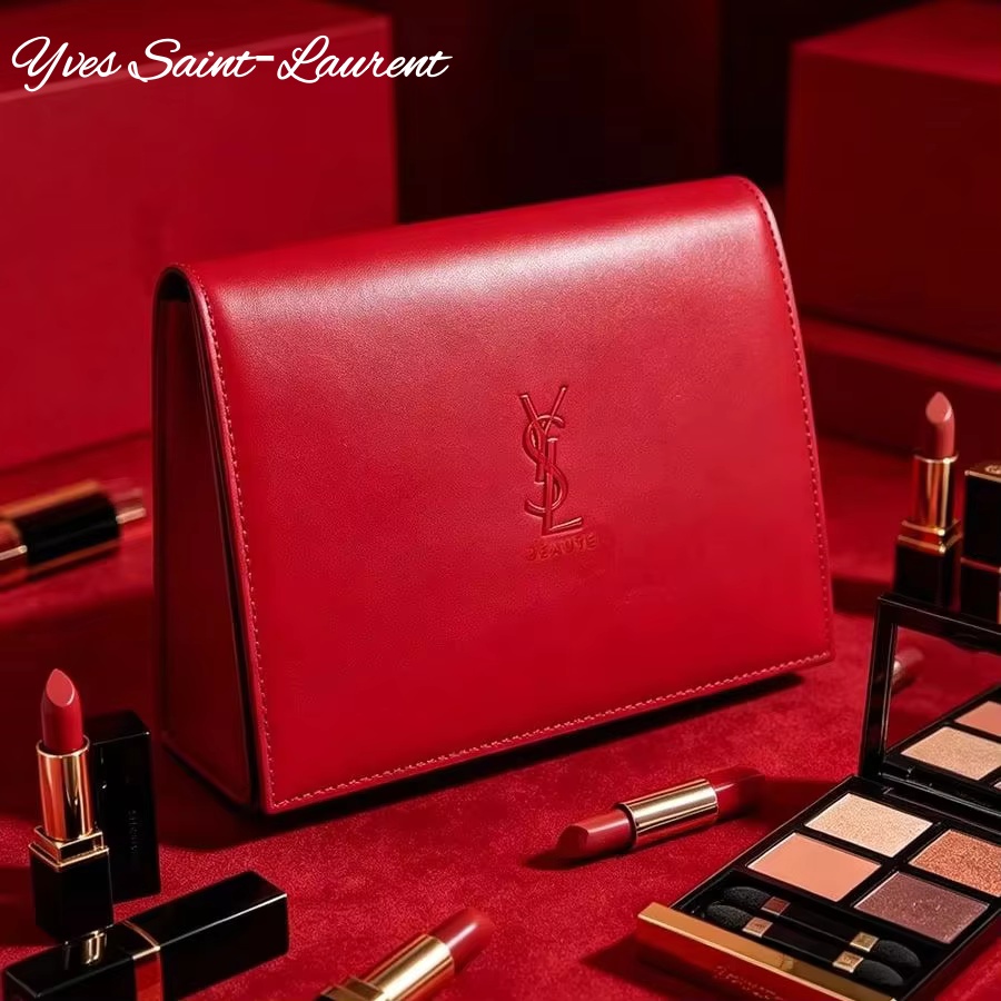 Ysl Beauty Makeup Bag - Sac à cosmétiques en cuir rouge